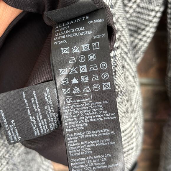 AllSaints Dustie Houndstooth Plaid Coat 4 Black Gray Trench All Saints Jacket 90 - Picture 7 of 9